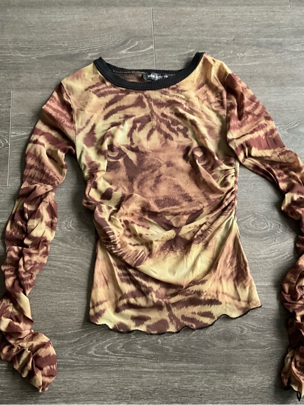 Urban Outfitters Brown and Cream Tiger-Print Ruched Long-Sleeve Top